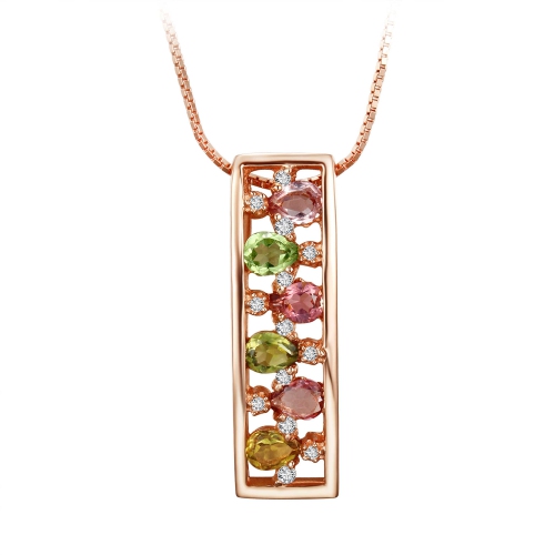 MAJESTY DIAMONDS  1 Ctw Multi Multi-Color Tourmaline Bar 18K Rose Plated Pendant Necklace In 0.925 Sterling Silver With Cha… In Gold