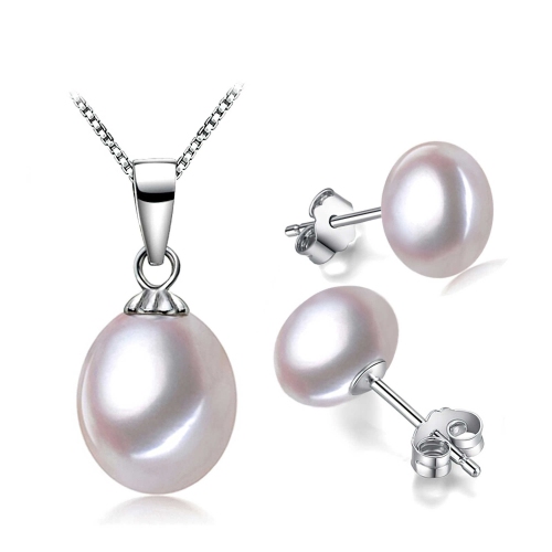 Round White Freshwater Pearl Earrings and Pendant Set in 0.925