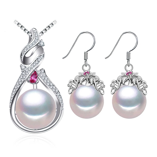 MAJESTY DIAMONDS  Round Freshwater Pearl Earrings And Pendant Set In 0.925 Sterling Silver (Mds210067) In White