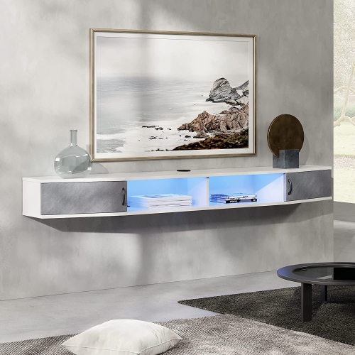 WAMPAT 70 Inch Floating TV Stand with Charging Station, Blue LED Entertainment Center Wall Mounted with Door Cabinet, Floating Media Console for