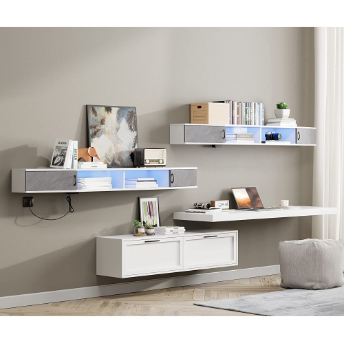 WAMPAT 70 Inch Floating TV Stand with Charging Station, Blue LED Entertainment Center Wall Mounted with Door Cabinet, Floating Media Console for