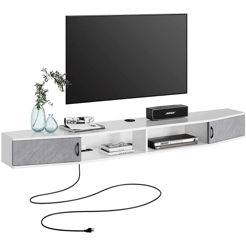 WAMPAT 70 Inch Floating TV Stand with Charging Station, Blue LED Entertainment Center Wall Mounted with Door Cabinet, Floating Media Console for