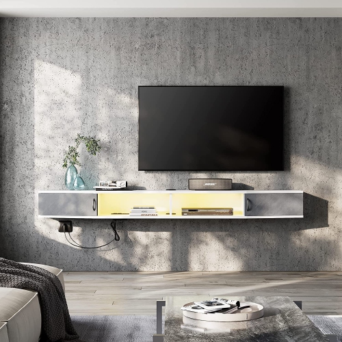 Meuble flottant pour téléviseur de 70 po de WAMPAT avec station de chargement, centre de divertissement mural à DEL jaune avec armoire de porte,