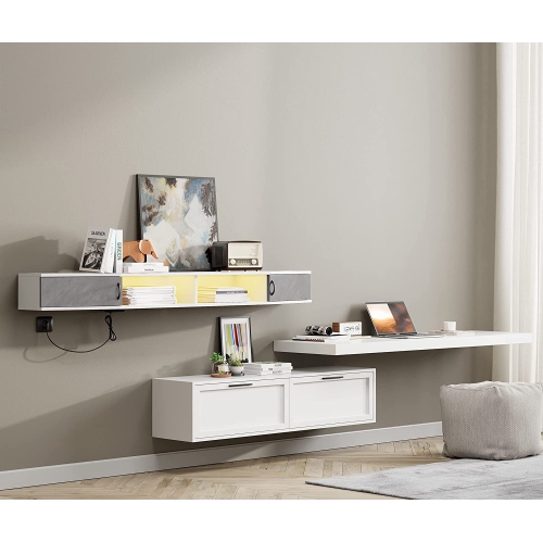 Meuble flottant pour téléviseur de 70 po de WAMPAT avec station de chargement, centre de divertissement mural à DEL jaune avec armoire de porte,