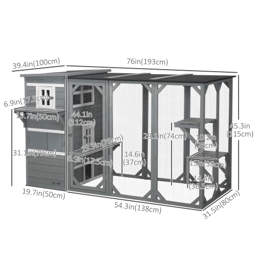 PawHut Wooden Cat Catio, 76"L Walk in Outdoor Cat House with Asphalt Roof, Platforms, Lockable Doors, 3-tier Resting Condo, Observation Window, for