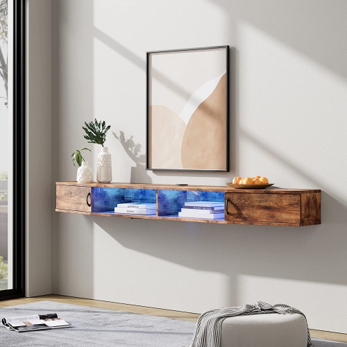 WAMPAT TV Shelf with Power Outlet 70", Wall Mounted TV Stand with Blue Light, Media Console Stand with Doors, Entertainment Shelf for Living Room,