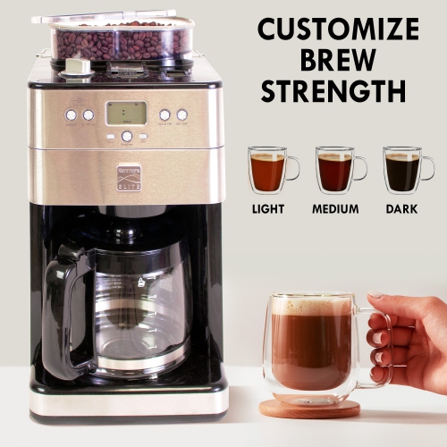 Kenmore Elite Grind and Brew Coffee Maker w/ Burr Grinder, 12 Cup Programmable Automatic Timer Brew Coffee Machine, Air-Tight Bean Hopper, Grind Size