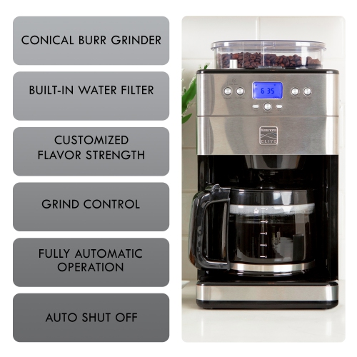 Kenmore Elite Grind and Brew Coffee Maker w/ Burr Grinder, 12 Cup Programmable Automatic Timer Brew Coffee Machine, Air-Tight Bean Hopper, Grind Size