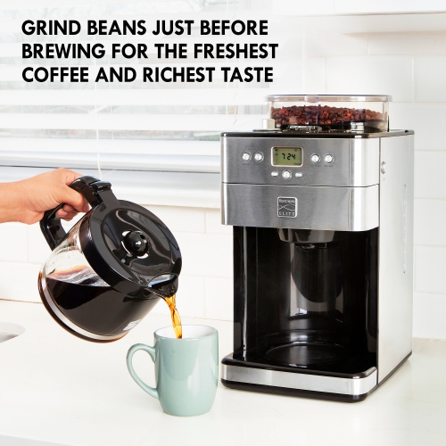 Kenmore Elite Grind and Brew Coffee Maker w/ Burr Grinder, 12 Cup Programmable Automatic Timer Brew Coffee Machine, Air-Tight Bean Hopper, Grind Size