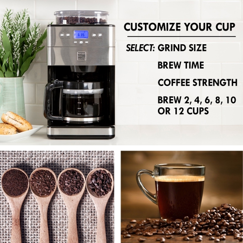 Kenmore Elite Grind and Brew Coffee Maker w/ Burr Grinder, 12 Cup Programmable Automatic Timer Brew Coffee Machine, Air-Tight Bean Hopper, Grind Size