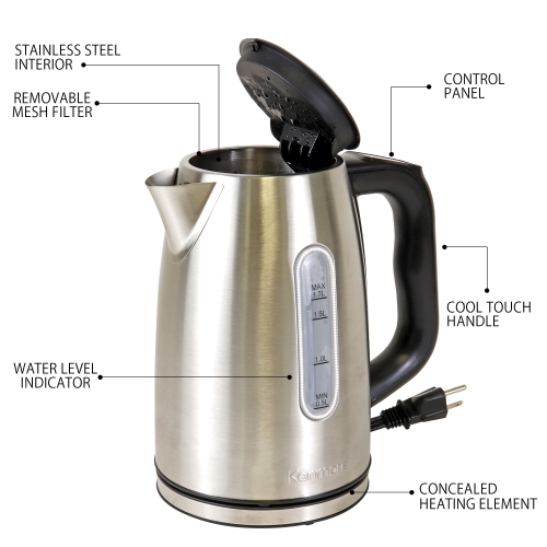 Kenmore 1.7 L Cordless Electric Kettle, 6 Temperature Pre-Sets, Stainless Steel Teakettle, Auto Shut-off, Keep Warm, and Boil-Dry Protection