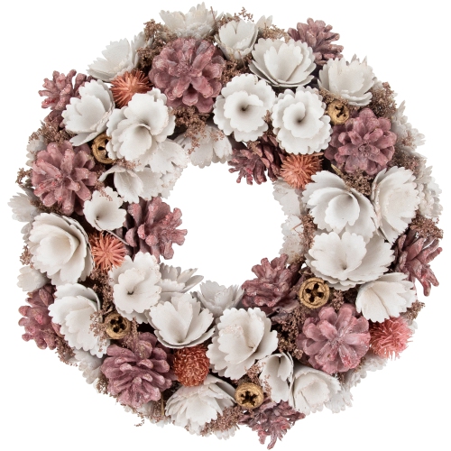 NORTHLIGHT  13" And Pink Wooden Floral Christmas Wreath With Pinecones In White