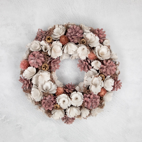 13" White and Pink Wooden Floral Christmas Wreath with Pinecones