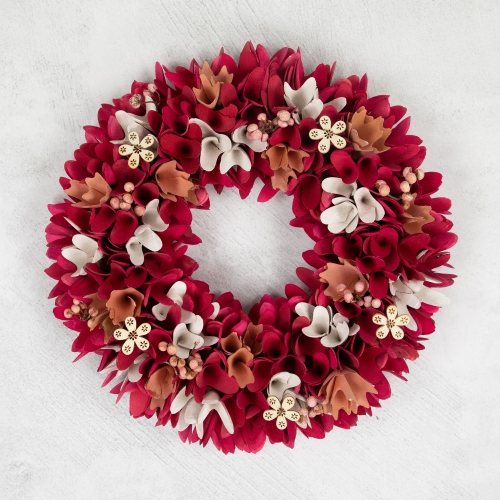 Wooden Floral Spring Wreath with Berries - 13" - Fuchsia Pink and White
