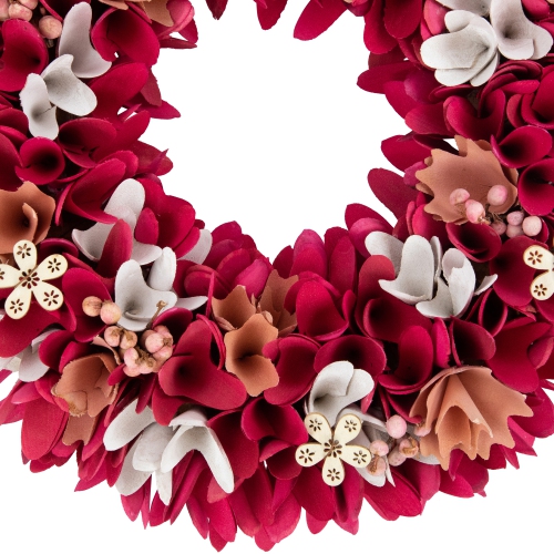 Wooden Floral Spring Wreath with Berries - 13" - Fuchsia Pink and White