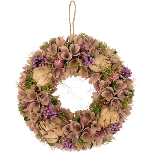 Couronne de printemps florale en bois mauve et beige de 12 po avec artichaut préservé