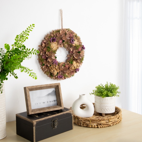 Couronne de printemps florale en bois mauve et beige de 12 po avec artichaut préservé