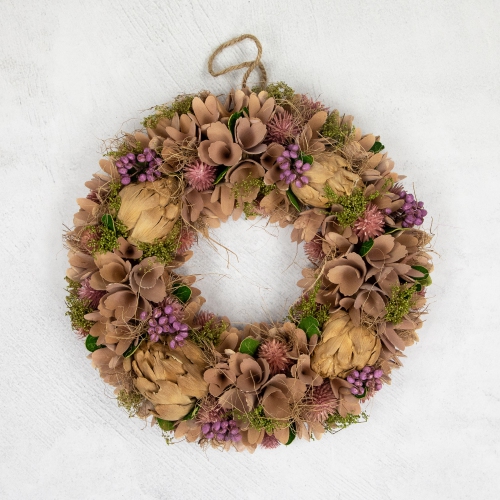 Couronne de printemps florale en bois mauve et beige de 12 po avec artichaut préservé