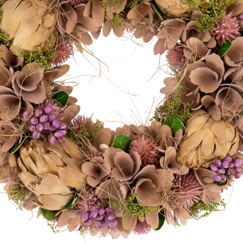 Couronne de printemps florale en bois mauve et beige de 12 po avec artichaut préservé