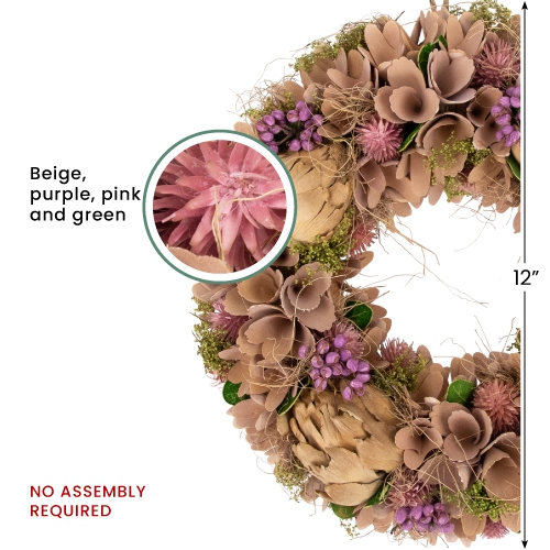 Couronne de printemps florale en bois mauve et beige de 12 po avec artichaut préservé