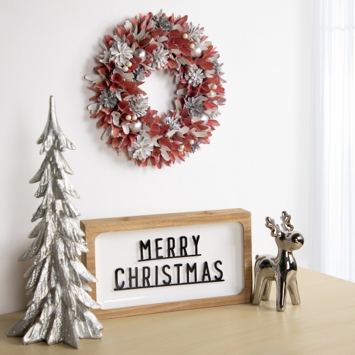 13" Pink and White Wooden Floral Christmas Wreath with Pinecones