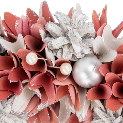 13" Pink and White Wooden Floral Christmas Wreath with Pinecones