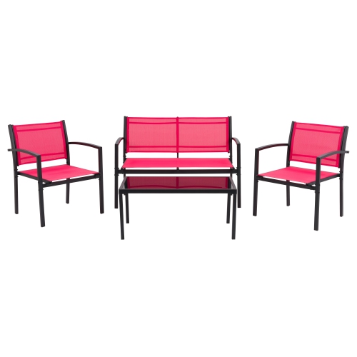 CorLiving Everett 4 Piece Patio Metal Outdoor Conversation Set with Loveseat, 2 Single Chairs and Glass Tabletop, Weather Resistant, for Small
