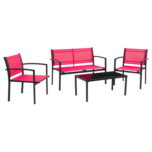 CorLiving Everett 4 Piece Patio Metal Outdoor Conversation Set with Loveseat, 2 Single Chairs and Glass Tabletop, Weather Resistant, for Small