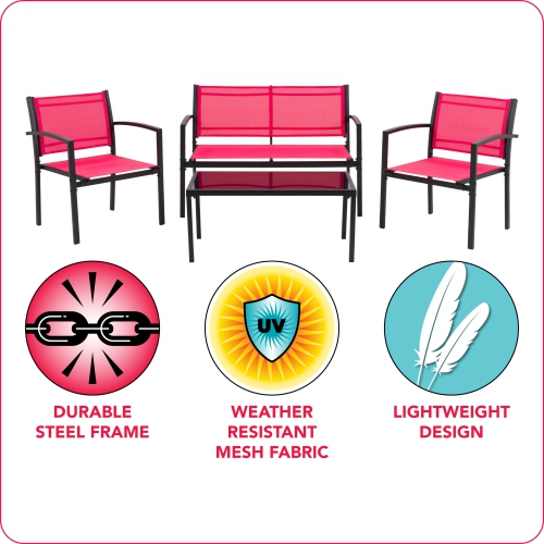 CorLiving Everett 4 Piece Patio Metal Outdoor Conversation Set with Loveseat, 2 Single Chairs and Glass Tabletop, Weather Resistant, for Small