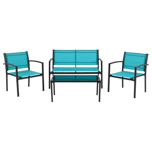 CorLiving Everett 4 Piece Patio Metal Outdoor Conversation Set with Loveseat, 2 Single Chairs and Glass Tabletop, Weather Resistant, for Small