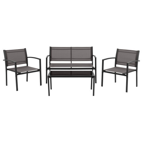 CorLiving Everett 4 Piece Patio Metal Outdoor Conversation Set with Loveseat, 2 Single Chairs and Glass Tabletop, Weather Resistant, for Small
