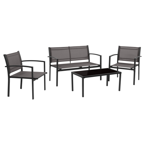 CorLiving Everett 4 Piece Patio Metal Outdoor Conversation Set with Loveseat, 2 Single Chairs and Glass Tabletop, Weather Resistant, for Small