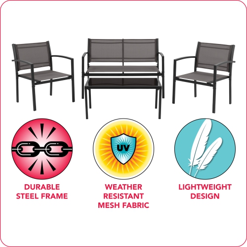 CorLiving Everett 4 Piece Patio Metal Outdoor Conversation Set with Loveseat, 2 Single Chairs and Glass Tabletop, Weather Resistant, for Small