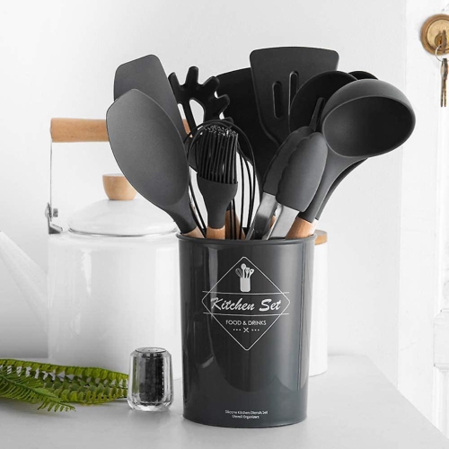 IGNITED SKATE LYFE  12 Piece Silicone Kitchen Utensil Set With Bamboo Wooden Handles Cooking Utensils (Black)