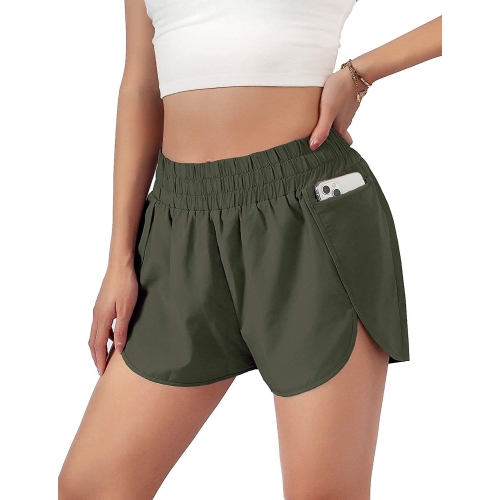 Sport Layer Elastic Waist Active Workout Shorts-green-m