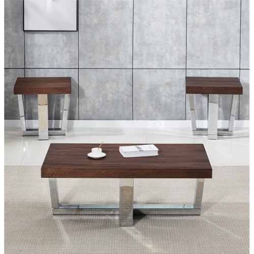 Table d’extrémité carrée en bois marron et à base chromée Laredo