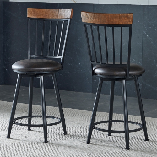 Tyler Black Metal Dark Brown Faux Leather Swivel Counter Stool - Set of 2