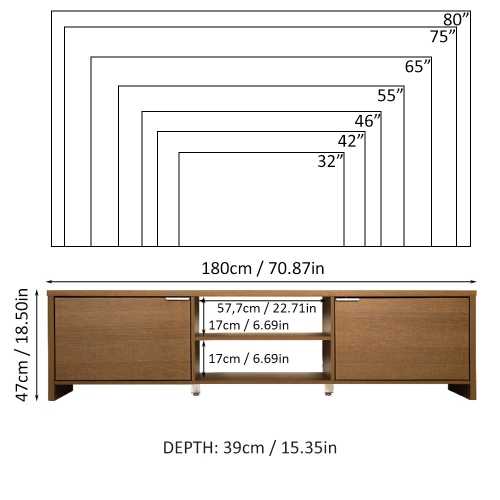 Meuble pour téléviseur MADESA avec espace de rangement et gestion des câbles, pour téléviseurs de 75 po et moins, bois, 19 po H x 15 po P x 71 po L -