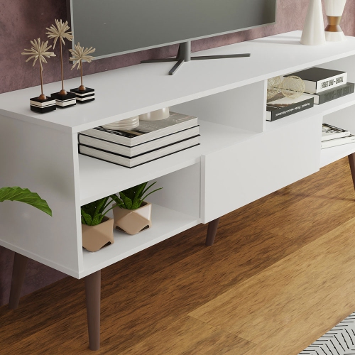 Meuble moderne Madesa pour téléviseur avec 1 porte et 4 tablettes avec ORGANISATION DES câbles pour meuble de télévision en bois de 55, 65 po - blanc