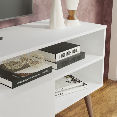 Meuble moderne Madesa pour téléviseur avec 1 porte et 4 tablettes avec ORGANISATION DES câbles pour meuble de télévision en bois de 55, 65 po - blanc