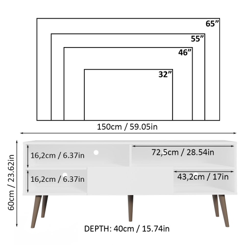 Meuble moderne Madesa pour téléviseur avec 1 porte et 4 tablettes avec ORGANISATION DES câbles pour meuble de télévision en bois de 55, 65 po - blanc