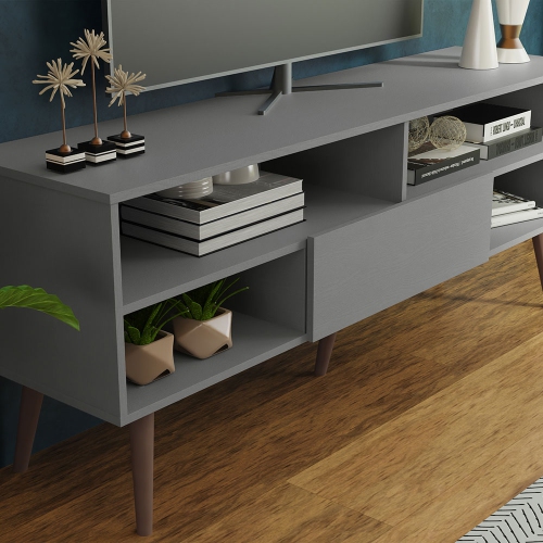 Meuble moderne Madesa pour téléviseur avec 1 porte et 4 tablettes avec ORGANISATION DES câbles pour meuble de télévision en bois de 55, 65 po, gris