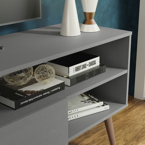 Meuble moderne Madesa pour téléviseur avec 1 porte et 4 tablettes avec ORGANISATION DES câbles pour meuble de télévision en bois de 55, 65 po, gris