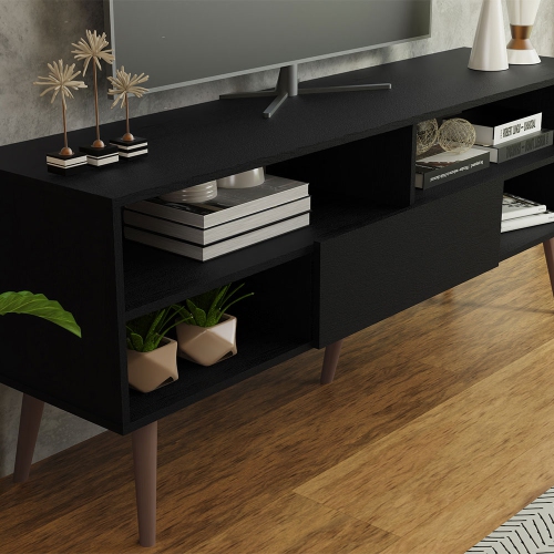 Meuble moderne Madesa pour téléviseur avec 1 porte et 4 tablettes avec SYSTÈME DE GESTION DES câbles pour meuble de télévision en bois 55, 65 po, noir