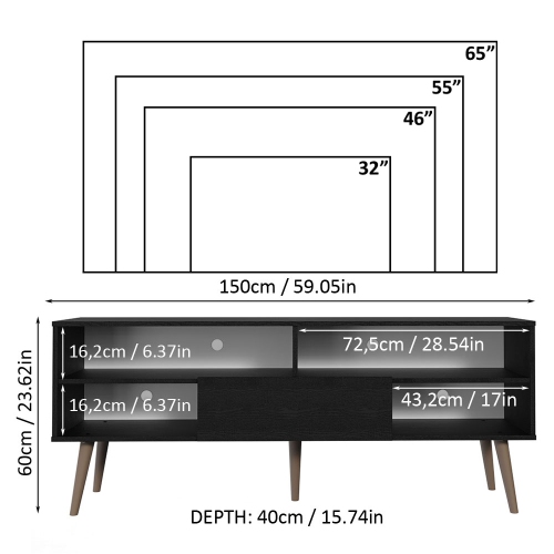 Meuble moderne Madesa pour téléviseur avec 1 porte et 4 tablettes avec SYSTÈME DE GESTION DES câbles pour meuble de télévision en bois 55, 65 po, noir