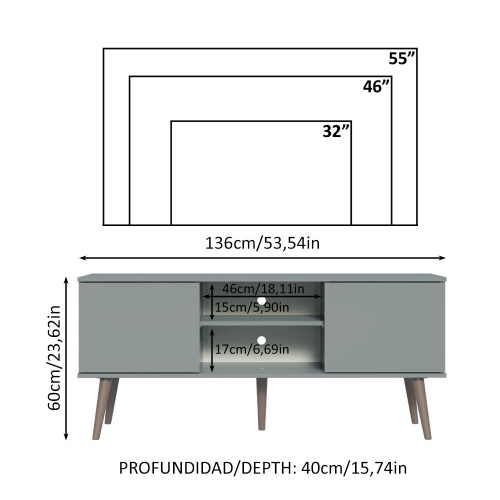Meuble pour téléviseur Madesa avec 2 portes et 2 tablettes avec organisation des câbles pour meuble de télévision en bois 50, 55 po, gris