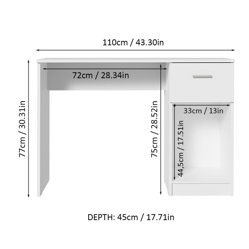 Madesa Compact Computer Desk Study Table for Small Spaces Home Office 43 Inch Student Laptop PC Writing Desks with Storage and Drawer - White