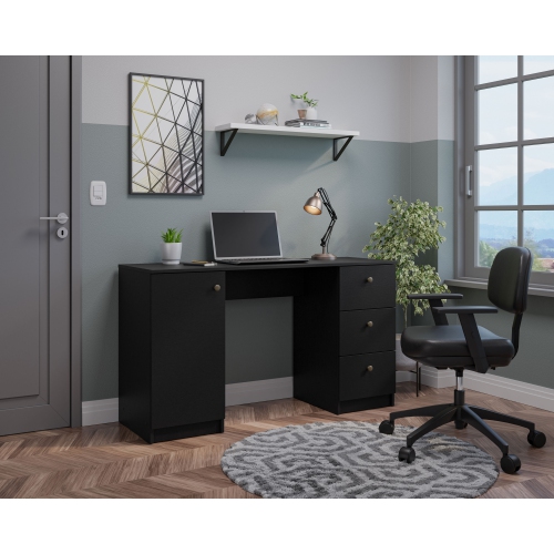 Madesa Executive Computer Writing Desk 53 Inch with 3 Drawers and 1 Door, Metalic Handles Wooden Home Office PC Study Table with Storage - Black