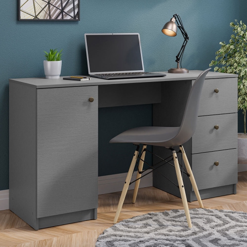 Madesa Executive Computer Writing Desk 53 Inch with 3 Drawers and 1 Door, Metalic Handles Wooden Home Office PC Study Table with Storage - Gray