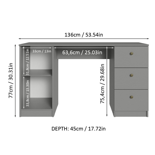Madesa Executive Computer Writing Desk 53 Inch with 3 Drawers and 1 Door, Metalic Handles Wooden Home Office PC Study Table with Storage - Gray